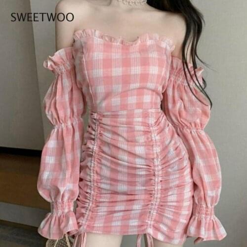 Mini Dress Women Long Flare Sleeve Plaid Slash Neck Empire Sweet Temperament Off Shoulder Chic Autumn Fashion