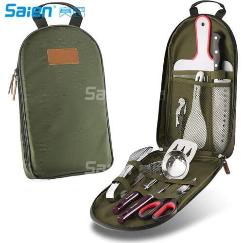 Camp Kitchen Utensil Organizer Travel Set Portable BBQ Camping Cookware Utensils Travel Kit Water Resistant Case|Cutting Board