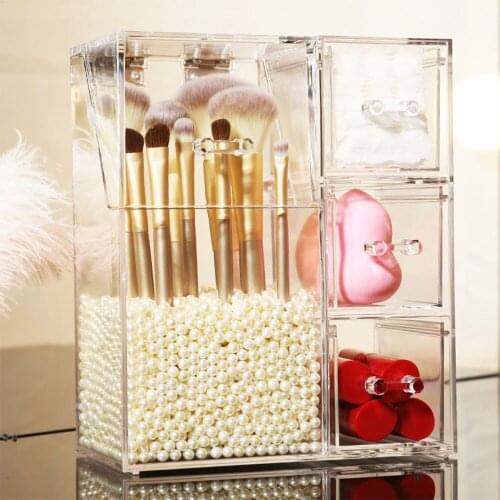 Transparent Glass Pearl Makeup Brush Storage Acrylic Cosmetic Brush Container Ring Pencil Lipstick Holder Makeup Brush Organizer