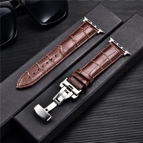 Leather Watch Strap for Apple Watch Band 6 5 4 3 2 1 SE with Butterfly Clasp 44mm 40mm 42mm 38mm Leather Bracelet for IWatch