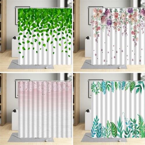 Spring Flower Shower Curtains Green Leaf Plant Butterfly Printing Decor Fabric Bathroom Leaves Curtain Waterproof With Hooks Set