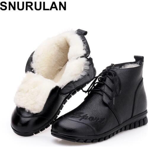SNURULAN womens shoes; genuine leather and wool ankle boots; warm winter boots; ankle boots for women; fashion women lace-up