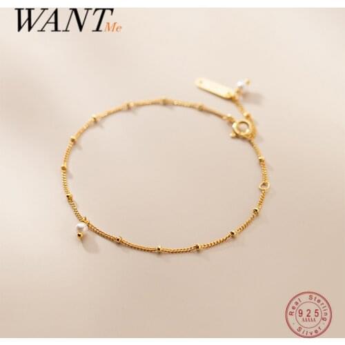 WANTME 925 Sterling Silver Simple Synthetic Pearl Link Chain Bead Bracelet for Women Trendy Sweet Teen Daily Jewelry Accessories