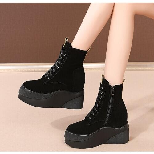 Japan South Korea New winter ankle Women boots Genuine leather wedge Fashion boots black Women shoes Waterproof Taiwan
