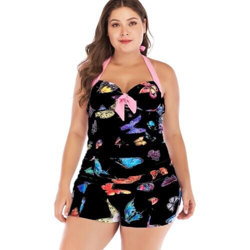 Big Size Womens One Piece Swimsuit Sexy Vintage Halter Swimwear Butterfly Print Bathing Suit Beachwear XL XXL XXXL 4XL 5XL Black