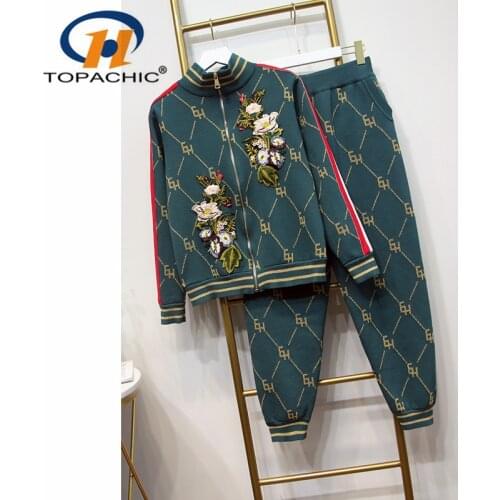 10.10 High quality Autumn Women embroidery flower contrast color knitted cardigan sweaters coat casual pants Two piece set
