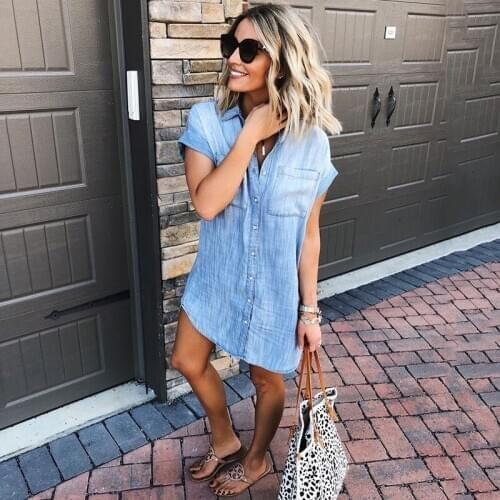 2020 Summer Button Short Sleeve Denim Dress Women Blue Cotton Turn-down Collar Comfortable Mini Dresses casual dress plus size