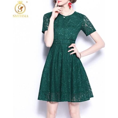 SMTHMA High Quality Woman Summer Dress 2021 Elegant Slim Lace Hollow Out Short Sleeved Round Neck Dresses Vestidos