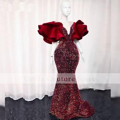 Burgundy Mermaid Evening Dress 2021 Sequined Sheer Neck Vestidos Formales Prom Party Dress 2021 robe de soirée femme