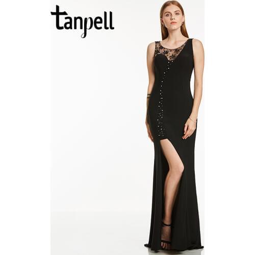 Tanpell split front long evening dress black scoop neck sleeveless floor length a line dress cheap lady bead formal evening gown