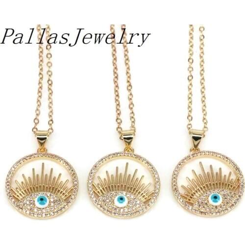 10Pcs Gold Plated Eyelashes Blue Shell Turkey Evil Eyes Hollow Round Charm Pendant Making Necklace