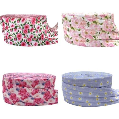 10 Yard 5/8" 15mm Rose Flower Daisy Print Fold Over Elastic FOE Spandex Satin Band Headband Hair Tie Tutu Dress DIY Sewing