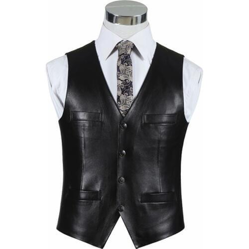 BONJEAN Mens Genuine Leather Vest Slim Commercial Sheepskin Leather Vest High Quality Gentlemen Waistcoat Drop Shipping