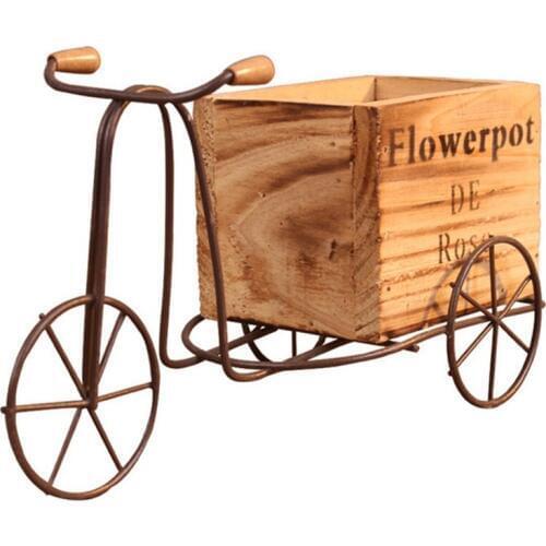 Wooden Tricycle Model Flower Pot Wrought Iron Bicycle Flower Stand Indoor Storage Rack Home Garden Desktop Decor Crafts Gifts