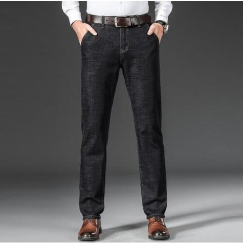 Mens Classic Jean 2021 Spring Autumn New Four Seasons Mid Waist Business Casual Black Blue Denim Trousers Size 28-40