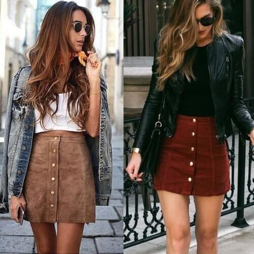 Hot Womens skirt High Waist Button Suede Leather Skirts Pocket Preppy Short Mini Skirt Autumn Winter Clothes Plus Size S-2XL