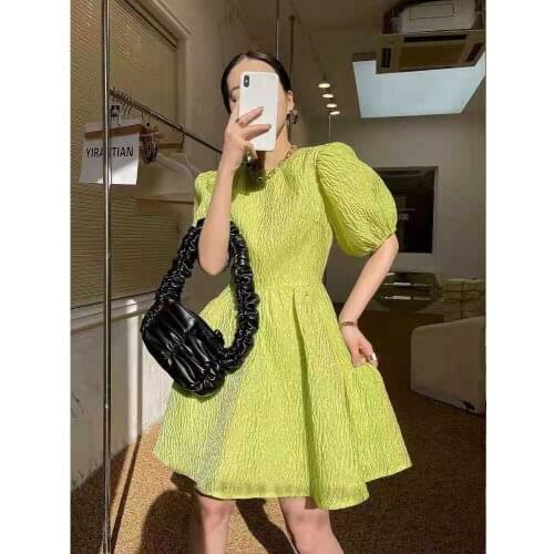 KoukiMa Korean Jacquard Short Puff Sleeve O-Neck Dress Chic Summer Mini Short Dress A-Lline Sweet Vestidos Mujer 2021 KM8509