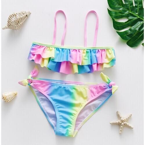 New 5~14Year Rainbow Teenager Girls Swimwear Two Pieces Girls swimsuit High Quality Kids Bikini Sets Falbala Children Beach Wear