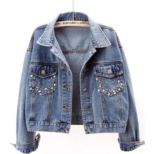 Fashion Short Jeans Coat Women Diamond Spring Autumn Pocket Long Sleeve Vintage Denim Bomber Jacket Female Loose Clothes G1016