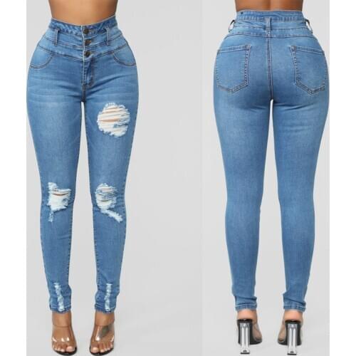 Trendy Womens Stretch Jeans High Waist Skinny Slim Lifting Hip Wild Casual Hole Denim Pants Chic Ripped Trousers for Streetwear