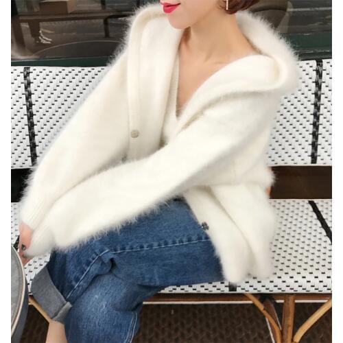 NEW women mink cashmere sweater cardigan with hooded lantern sleeve coat outwear jacket free shipping S221