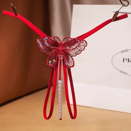 2021 New Sequins Embroidery Butterfly Pearl Panties Sexy Lingerie Sex Thongs Womens Erotic Open Crotch Underwear