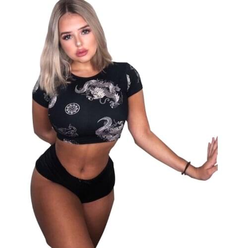 Loong Print Short Sleeve Slim Short Crop Top Sexy Navel T-shirt Round Neck Ladies Blouse Pullover Fashion Girl Tops