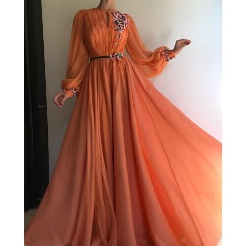 Orange Evening Dresses 2019 A-Line Chiffon Muslim Dubai Saudi Arabic Long Sleeves Evening Gown Prom Dress for Graduation Party