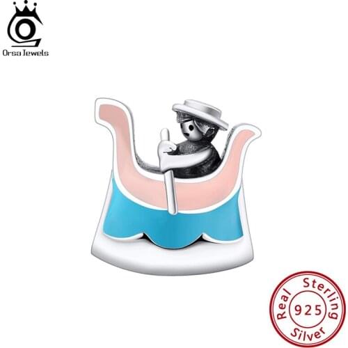 ORSA JEWELS Boat Rowing Man Beads Fit Original Charms for Bracelet Silver 925 with Blue Pink Enamel Fashion Women Jewelry CB16