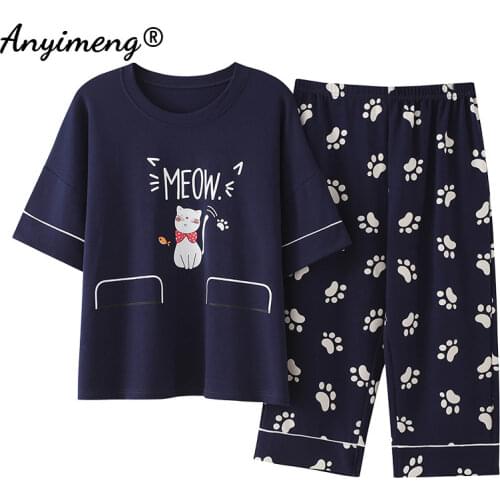 Plus Size 2 Piece Set Women 4xl 5xl Summer Sleepwear Cotton Loose Size Cartoon Printing Pijamas Womans Big Size Home Clothing