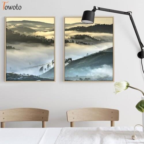 Nordic Poster Landscape Canvas Painting Fog Hills Wood Forest Print Modern Wall Art Wall Pictures for Living Room Home Decor