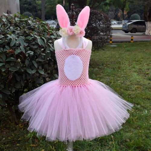 Pink Bunny Tutu Dress Girls Dress Up Rabbit Tutus Kids Halloween Cosplay Costume Easter Holiday Tutu Dresses Outfit