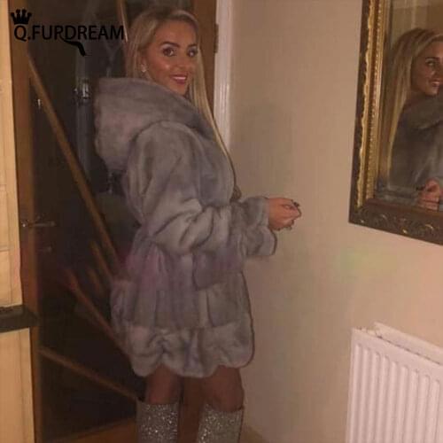 Q.FURDREAM Woman Fashion Trendy Natural Mink Fur Coat With Hat Winter Warm Luxury Jacket Clothing Hand-made Customized Coat
