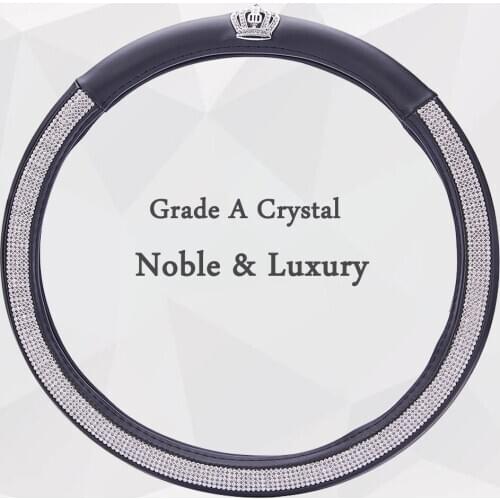 Luxury Bling Crystal Crown Trim Car Steering Wheel Covers Black PU Leather 15” 38cm
