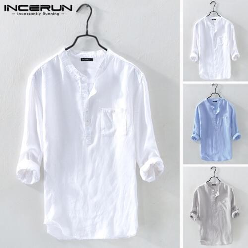 INCERUN Men Shirt Cotton 3/4 Sleeve Stand Collar Harajuku Tops Solid Color Vintage Brand Shirts 2021 Streetwear Camisa Masculina