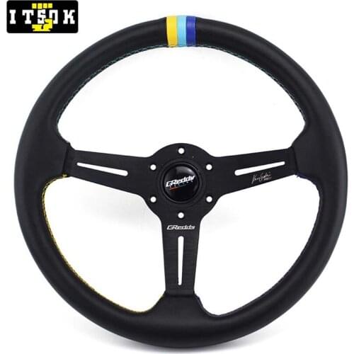 350mm Leather Steering Wheel JDM Universal 14inch Flat Dish Style Aluminum Spoke Sport Drift Simulated Racing Game Volante