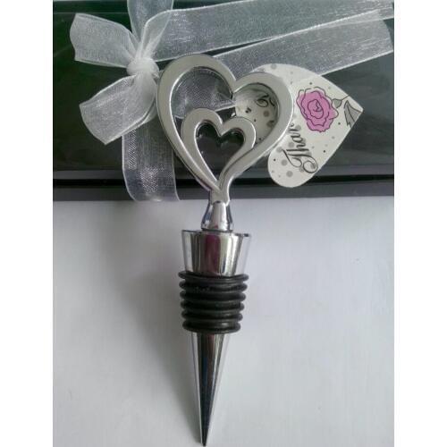 Wedding favor gifts and giveaways for guest--love theme zinc alloy double heart wine stopper party souvenir 100pcs/lot