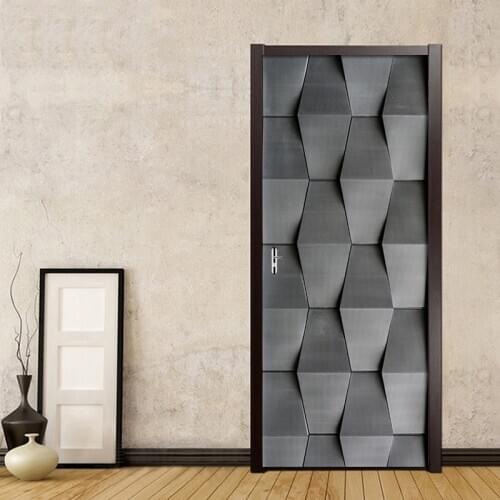 PVC Waterproof Self-adhesive Door Sticker 3D Gray Black Geometric Mural Wallpaper For Living Room Bedroom Door Decor Wall Decals