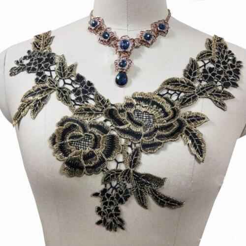 Craft Gold Metallic Beaded Sequin Embroidery Lace Patches Decorated Neckline Collar Applique Sewing Accessories