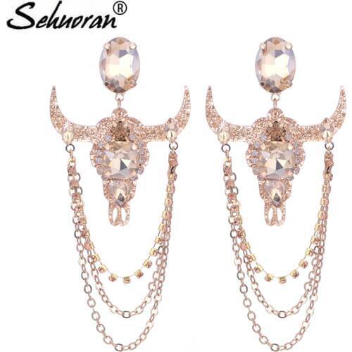 Sehuoran Brincos Oorbellen Crystal Stone Resin Bull Head Pendients Multilayer Drop Earrings For Woman Party Luxury Jewelry EAR