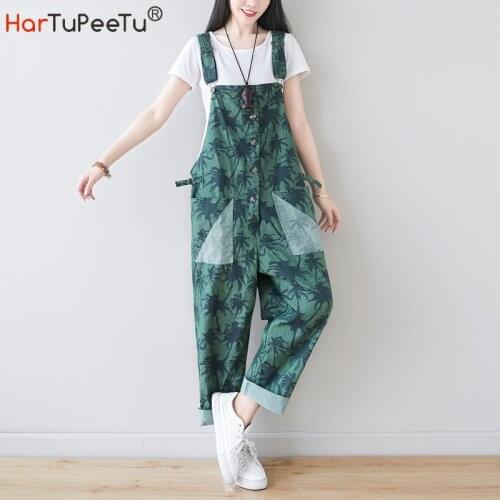 2021 New Spring Fall Jumpsuit Women Coconut Tree Print Cotton Overalls Plus Size Loose Casual High Waist Bib Pants with Pockets