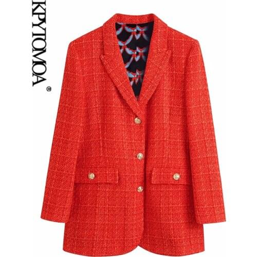 KPYTOMOA Women 2021 Fashion With Print Lining Fitted Tweed Blazer Coat Vintage Long Sleeve Pockets Female Outerwear Chic Veste