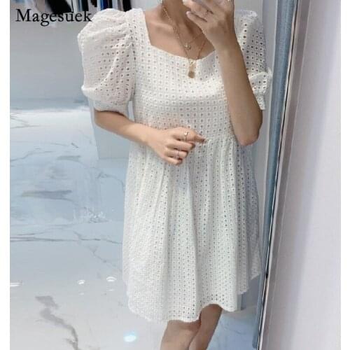 2021 Korean Chic Square Collar White Dress Women Summer Hollow Puff Sleeve Mini Dress Plus Size A-Line Loose Dresses Robes 15196