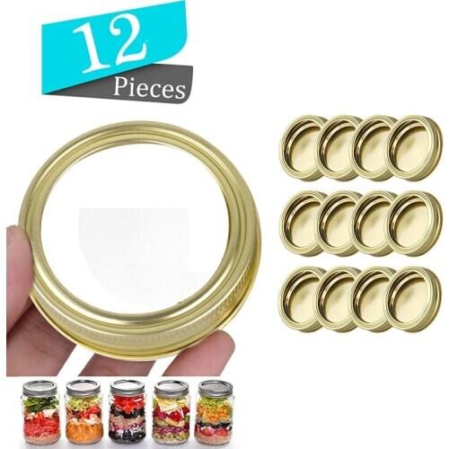 12 Gold Mason Jar Canning Lids Rust Resistant Replacement Screw Bands Rings