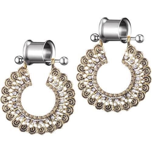 2Pcs Geometric Round Hollow Crystal Pendant Stainless Steel Screwed Ear Gauges Tunnels Stretchers , 2G / 0G / 00G, 12mm/0.5inch