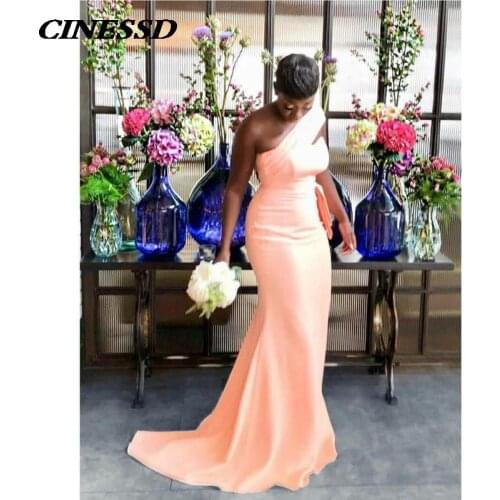 2021 Peach Sexy Mermaid Bridesmaid Dresses for African Black Girl One Shoulder Long Satin Wedding Party Dress Women Formal Gowns