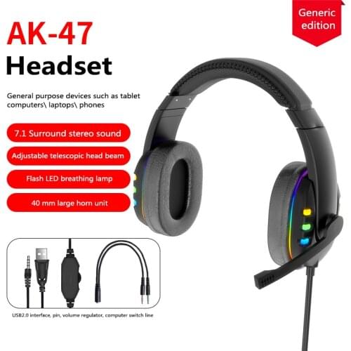 AK47 Computer Headphones Head-mounted Gaming Headset With Microphone Wired Stereo Bass Earphons Colorful Glow LED Light