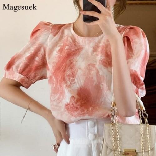 Summer Puff Sleeve Blouse Women 2021 New Vintage Loose Ink Tie Dyeing Woman Shirts Loose Plus Size Woman Blouses Blusas 15331