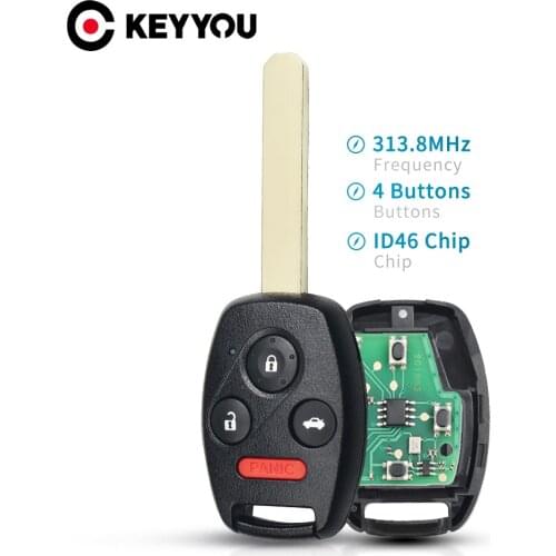 KEYYOU 4 Buttons 313.8Mhz Car Remote Key For Honda Civic 06-11 Pilot 09-15 Accord 03-12 ID46 Chip Auto Control Key Fob