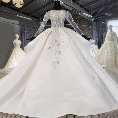Ivory Satin Off Shoulder Luxury Wedding Dresses 2021 Long Sleeve High-end Beading Pearls Bridal Gowns HX0205 Custom Made